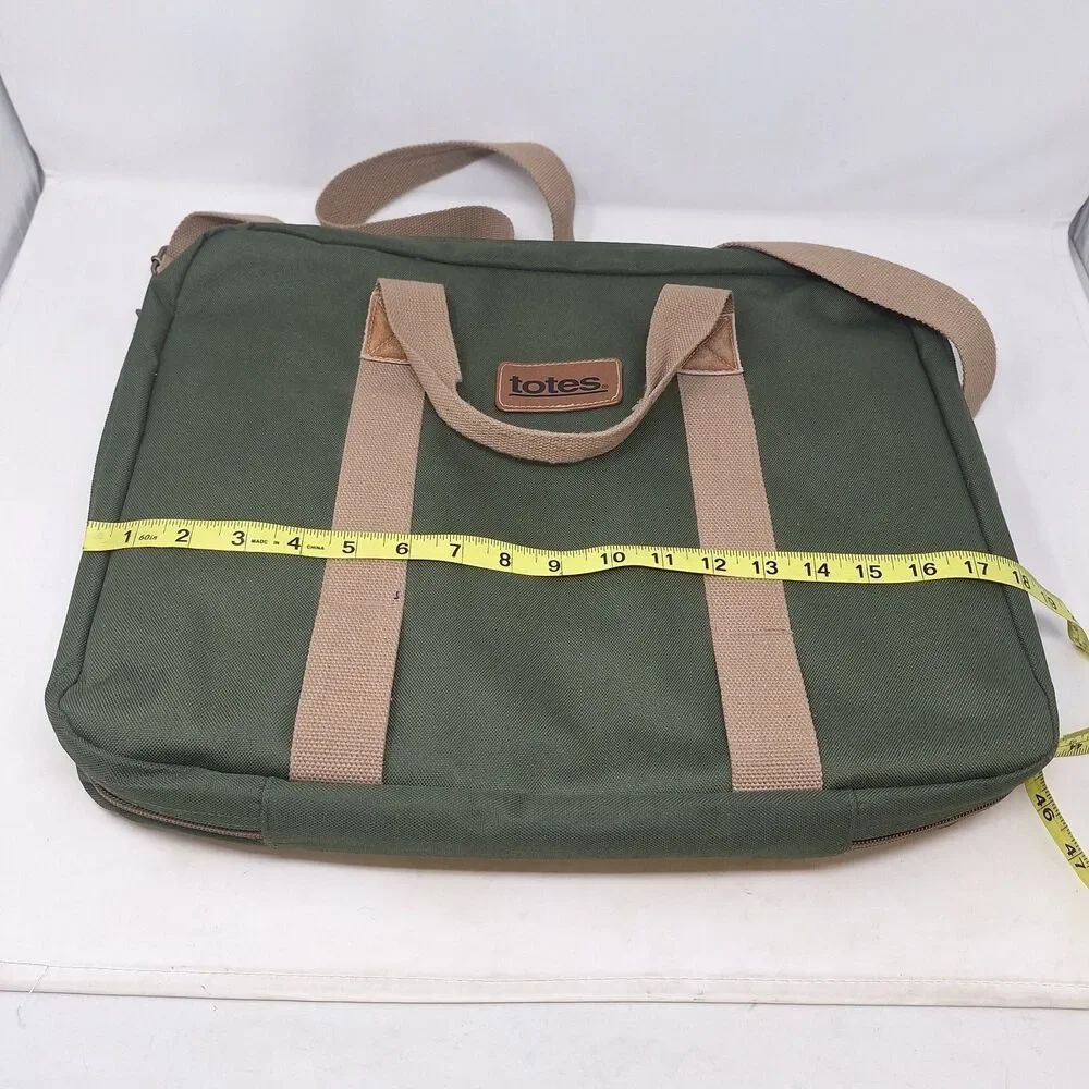 Totes Green Tan Canvas Laptop Swing Bag Travel Work Business Crossbody Strap
